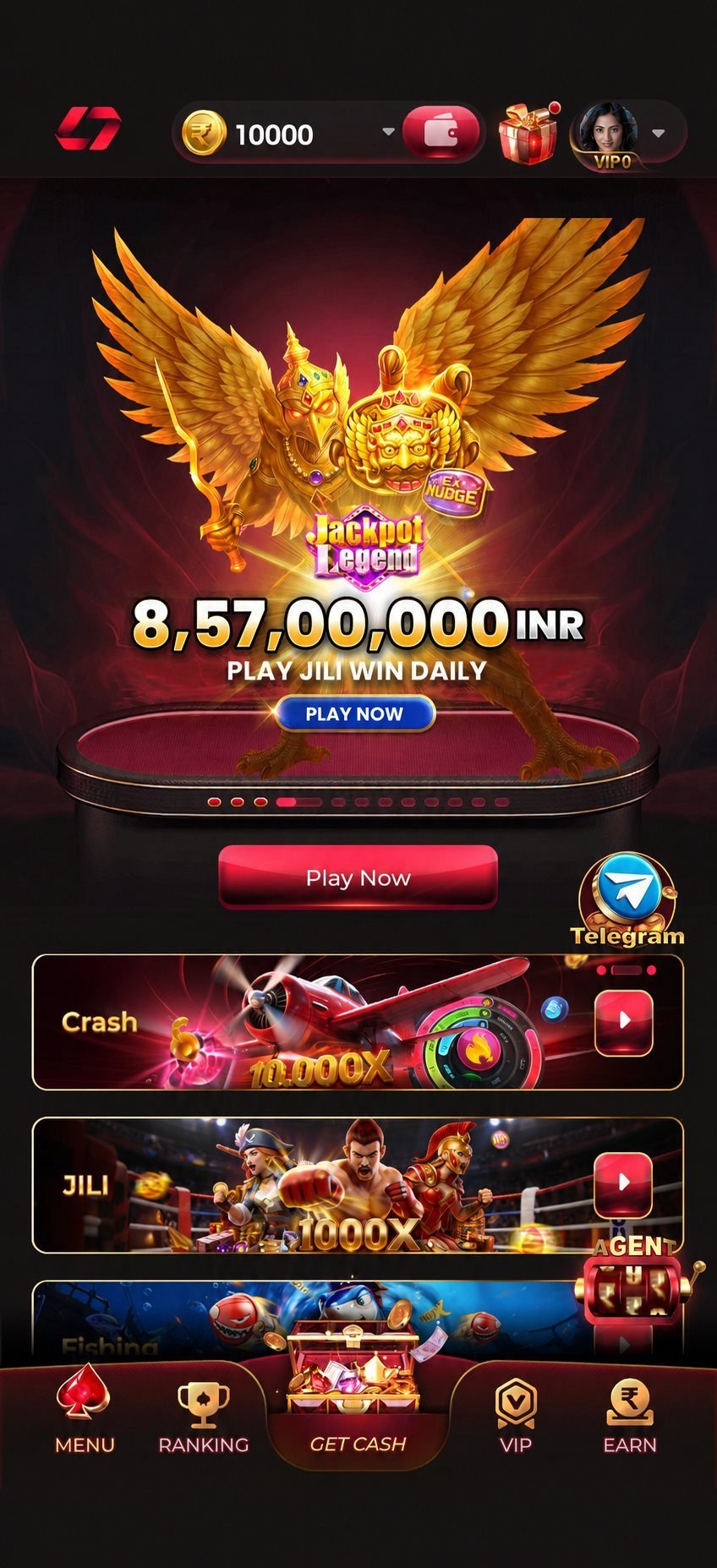 IN7 game app home screen showing the jackpot banner, wallet balance and game rooms